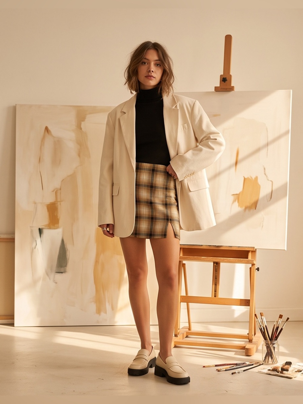 Urban Outfitters Yellow and Black Plaid Mini Skirt w/ Slit & Pockets
